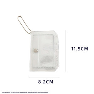 Detailed view of clear PVC card holder with silver ball chain and snap button closure