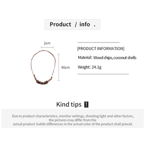 Detail specifications of wood and coconut shell ethnic necklace with 90cm chain length
