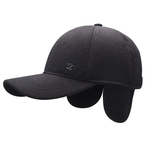 Winter wool baseball cap for men with ear flaps and warm lining in dark grey