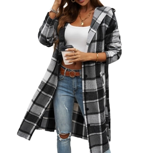 Women's casual long hooded coat with black and white plaid pattern and button closure