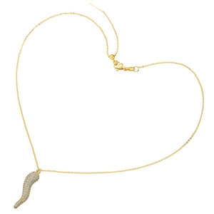 Detailed view of 18K gold plated chili pendant with pavé cubic zirconia on heart-shaped chain