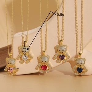 Teddy bear heart pendant necklaces in five colors with zircon stones and dimensions