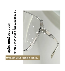 Close-up of transparent glasses frame showing silver metal hinges and clear material texture