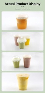 Detailed view of clear thick plastic cups with various lids for iced coffee and milk tea