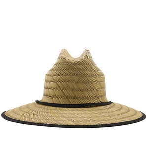 Classic wide-brim woven paper straw sun hat with black ribbon trim for summer UV protection