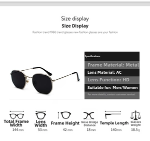 Tabla de tallas para gafas de sol de metal con dimensiones detalladas y especificaciones