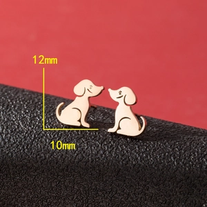 Golden puppy stud earrings with minimalist animal design showing 12mm x 10mm dimensions