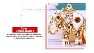 Detail of crystal elephant keychain featuring gold plating and high-quality rhinestones