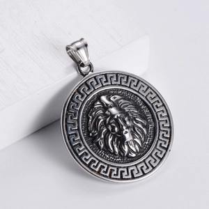 Lion Head Pendant Necklace 304 Stainless Steel Greek Key Relief Hip Hop Punk Retro Jewelry For Men Vintage Polished