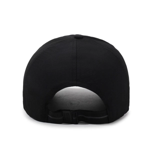 Rear view of black quick-dry baseball cap with adjustable strap and plastic buckle