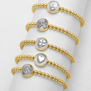 18K Gold Plated Copper Beaded Elastic Bracelet Trendy Heart Clover Dollar Sign Balloon Dog Charm Fashion Jewelry For Women
