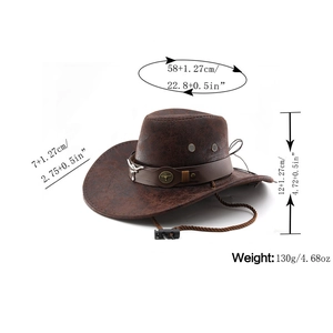 Vintage brown cowboy hat with metal bull head buckle and detailed size measurements