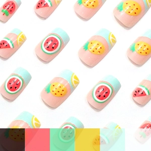 Medium square press-on nails with fresh fruit patterns and light blue French tips