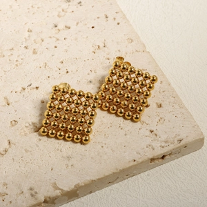 Square 18K gold plated stainless steel stud earrings with beaded grid design on stone