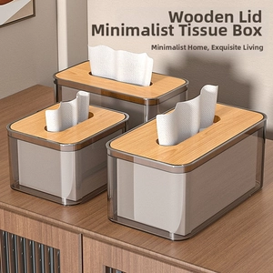 Close-up of minimalist wood lid tissue boxes in rectangular and square shapes