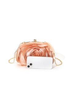 Champagne 3D satin rose clutch bag with gold chain strap, luxury bridal wedding evening purse