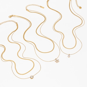 Layered Stainless Steel Necklace With Zircon Pendant Snake Chain Elegant Fashion Jewelry For Women