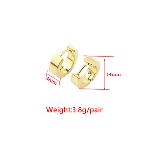 Gold stainless steel hoop earrings 4mm width and 14mm diameter shown with product dimensions