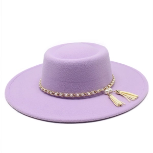 Elegant purple flat top wool hat with gold chain, white pearls and stylish tassels