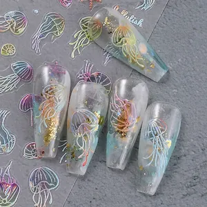 Ocean theme laser jellyfish nail stickers with holographic shell and starfish designs