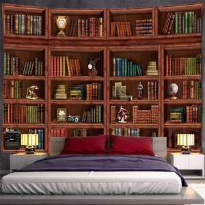 Detailed library bookshelf tapestry showing vintage books and a globe on a bedroom wall