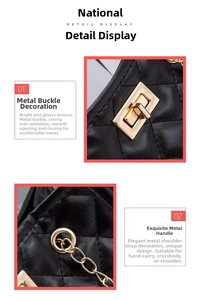 Detailansicht des goldenen Drehverschlusses und des Kettenriemens einer schwarzen Stepptasche