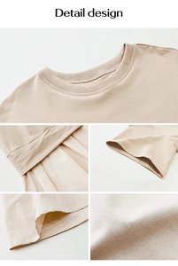 Dettagli di design del vestito beige a maniche corte che mostrano trama e scollatura