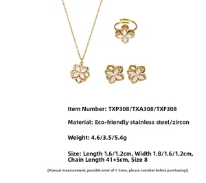 Detailed set of floral jewelry with 5A zircon inlay on gold-plated stainless steel
