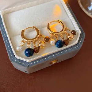 Vintage Bohemian Artificial Pearl And Tiger Eye Beaded Hoop Earrings With Silver Earring Post Ethnic Style Dangling Jewelry For Women