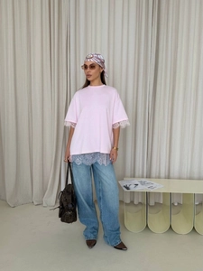 Pink short sleeve T-shirt with white lace trim and back slit detail for women