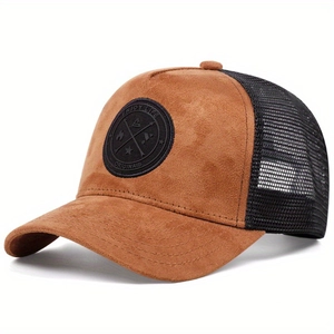Brown faux suede trucker hat with black mesh and Enjoy Life embroidery