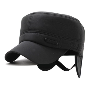 Men Winter Cadet Cap PU Leather Warm Ear Protection Windproof Flat Top Military Hat Solid Color Outdoor Adjustable