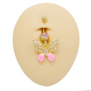 Golden butterfly belly button ring with white cubic zirconia and pink inlay details
