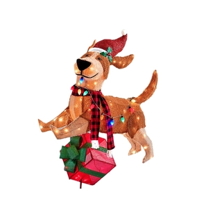 Outdoor lighted metal Christmas dog decoration with red gift box and LED lights