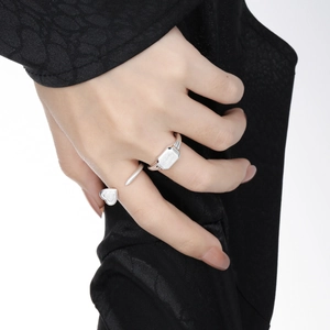 Minimalist silver geometric square ring and heart open ring set on hand for women
