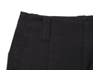 Detailed macro view of black twill fabric trousers waistband and belt loops