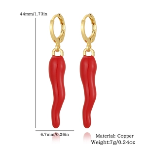 Detailed view of red chili pepper drop earrings in copper with dimensions and weight info