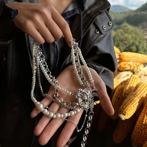 Multi-layer Necklace With Imitation Artificial Pearl Alloy Chain Zircon Lion Head Relief Pendant Retro Baroque Street Style Jewelry