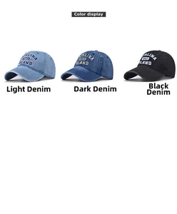 Detailed comparison of washed denim baseball caps in light blue, dark blue and black colors