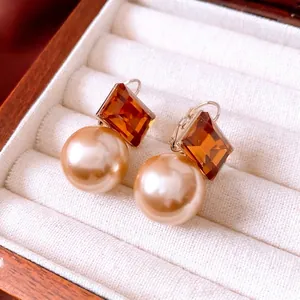 Boucles D Oreilles Pendantes Vintage En Verre Ambre Et Künstliche Perle Champagne Créoles Élégantes En Cuivre Pour Femme