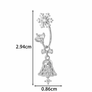 Snowflake bell belly button ring with bow and cubic zirconia measuring 2.94cm long