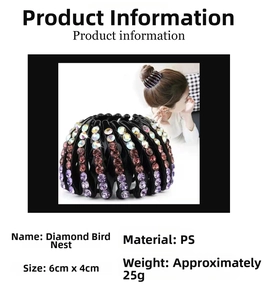 Detail view of sparkly rhinestone velvet bird nest hair clip with size and weight info