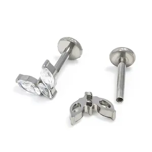 Clou d'oreille titane G23 zircon blanc marquise avec filetage interne plat