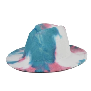 Blue and pink tie-dye wool Fedora hat with wide brim and stitched detailing on white background