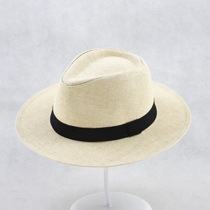 Men's summer wide brim straw panama sun hat in beige with classic black decorative band