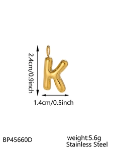 Detailed size specifications of 14K gold plated bubble letter K pendant in stainless steel