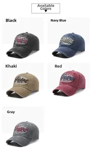 Detail of five vintage washed cotton baseball caps in black, navy, khaki, red, and grey