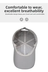 Detail of grey lightweight sports cap showing laser-cut holes and breathable mesh lining
