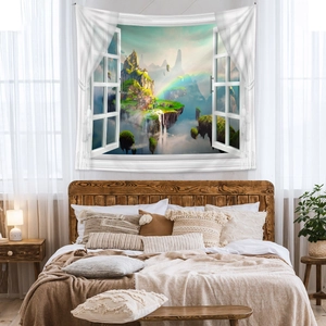Detailed close-up of a fantasy nature tapestry hanging over a bed in a cozy bedroom