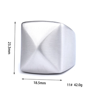 Minimalist square brushed stainless steel men's ring in silver with product dimensions